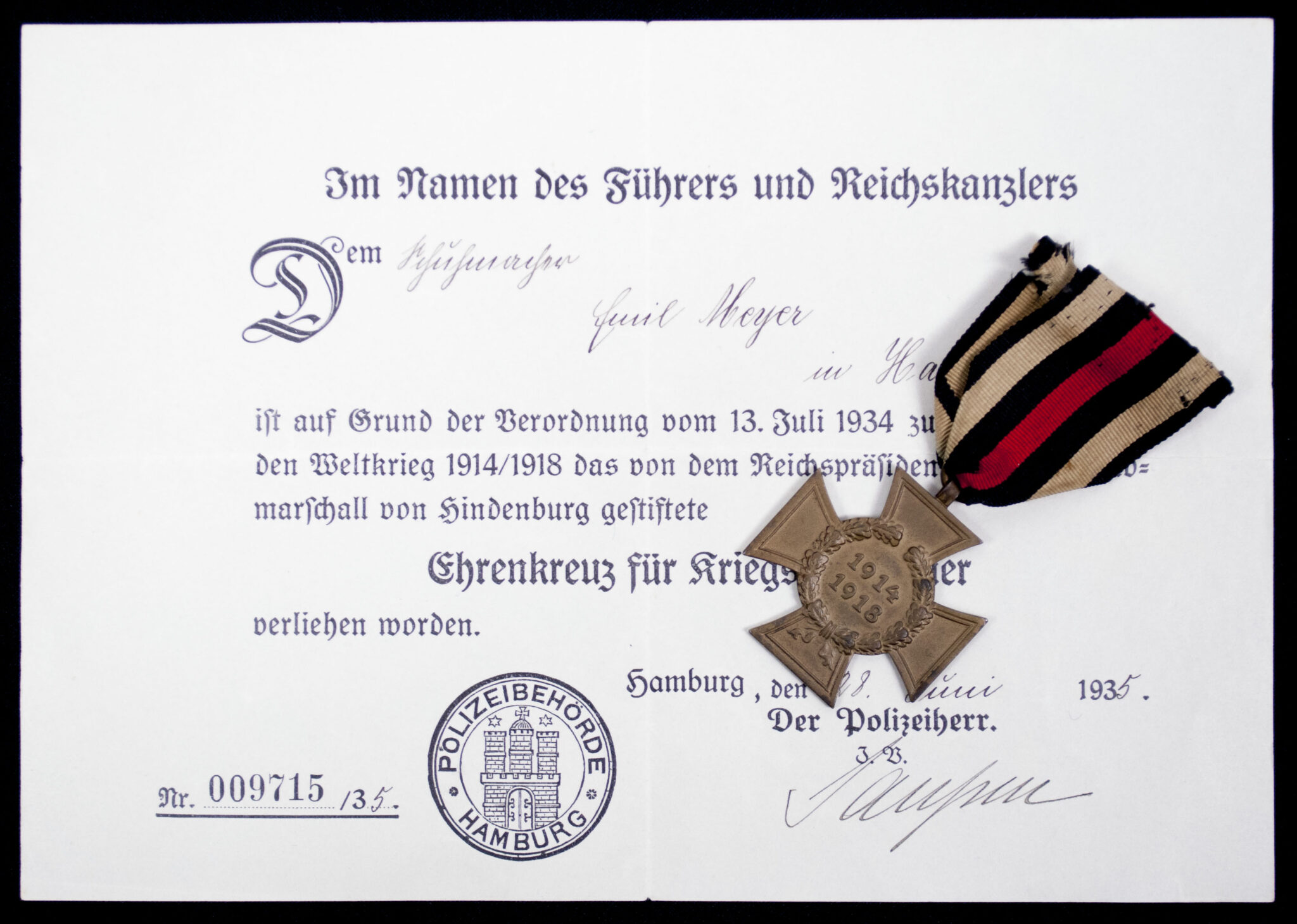 Ehrenkreuz für Kriegsteilnehmer citation