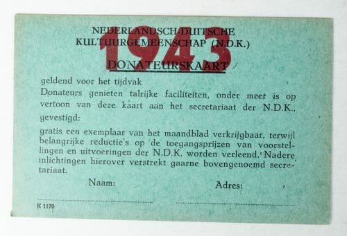 NSB / N.D.K Nederlandsch Duitse Kulturgemeenschap Donateurskaarten