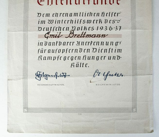 Ehrenurkunde Ehrenamtlichen Helfer im Winterhilfswerk (WHW) 1937 citation