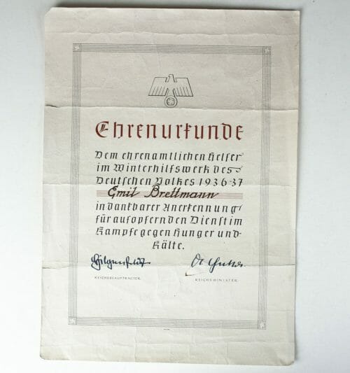 Ehrenurkunde Ehrenamtlichen Helfer im Winterhilfswerk (WHW) 1937 citation