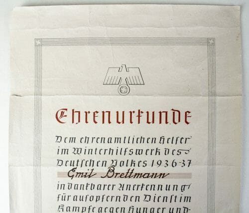 Ehrenurkunde Ehrenamtlichen Helfer im Winterhilfswerk (WHW) 1937 citation