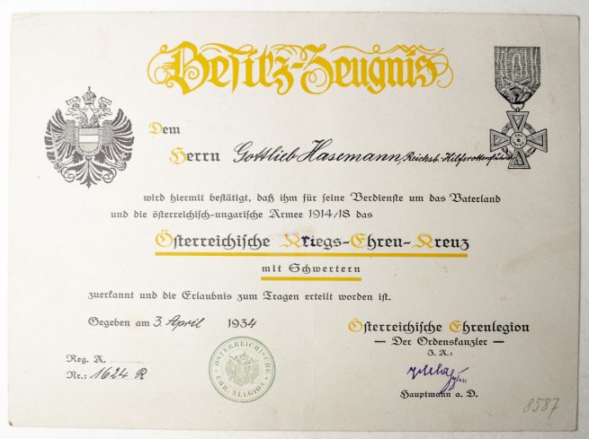 WWI Österreichische Kriegsehrenkreuz citation + cross with swords