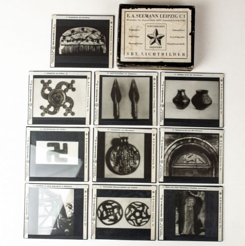 WWII German cultural box with 10 glass rune and pagan slides - very rare!