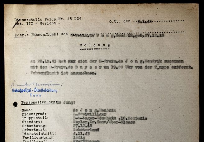 Dutch Waffen-SS Volunteer from Schoterland Fahnenflucht warrant document from SS-Ausbildungslager Sennheim 5