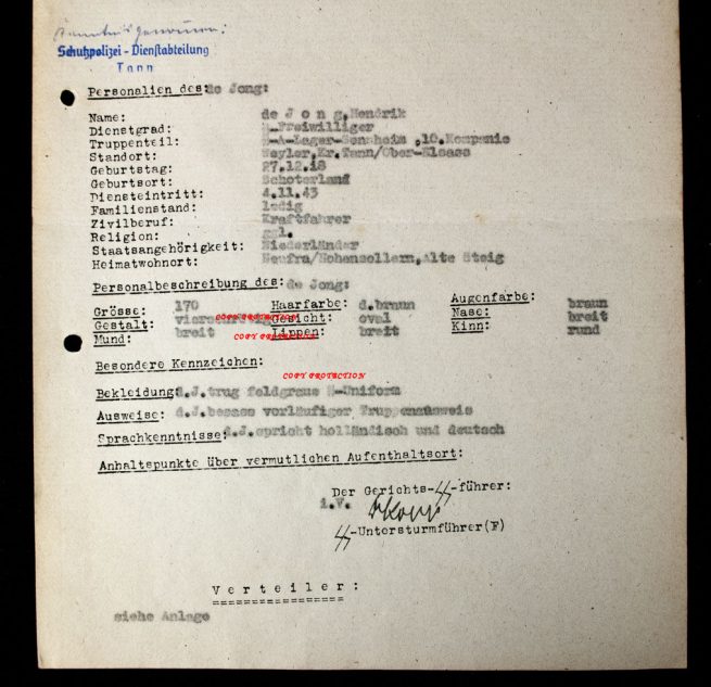 Dutch Waffen-SS Volunteer from Schoterland Fahnenflucht warrant document from SS-Ausbildungslager Sennheim 5