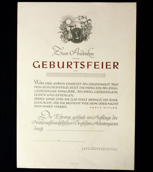 NSDAP citation/urkunde: Zum andenken an die Geburtsfeier