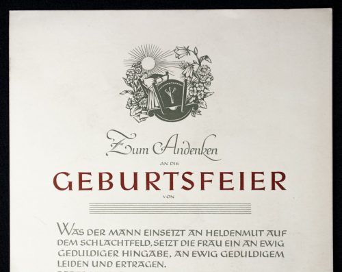 NSDAP citation/urkunde: Zum andenken an die Geburtsfeier