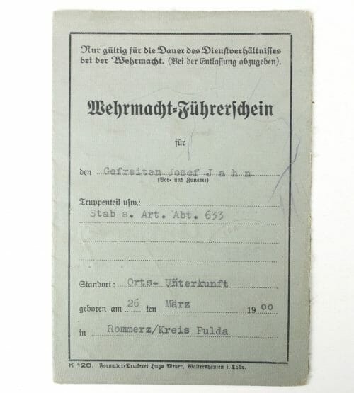 Wehrmacht Führerschein (Drivers Licence) with photo and Bescheinigung