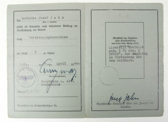 Wehrmacht Führerschein (Drivers Licence) with photo and Bescheinigung