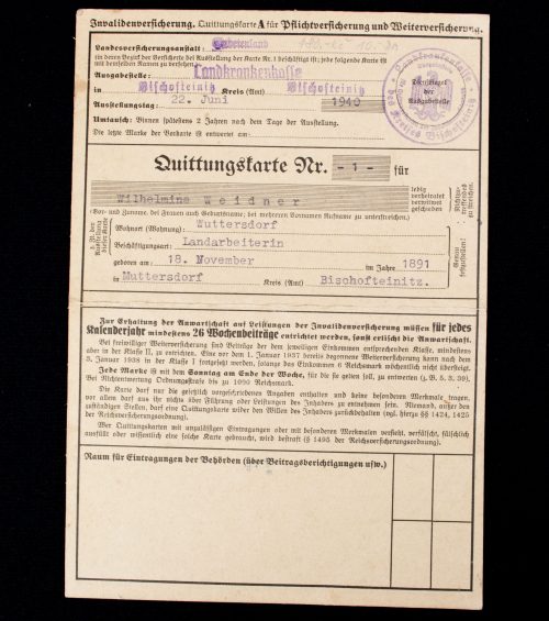 Quittungskarte - Invalidenversicherung (including stamps)