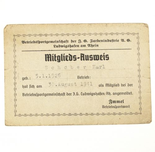 Mitgliedsausweis der Betriebssportgemeinschaft der I.G. Farbenindustrie 1941