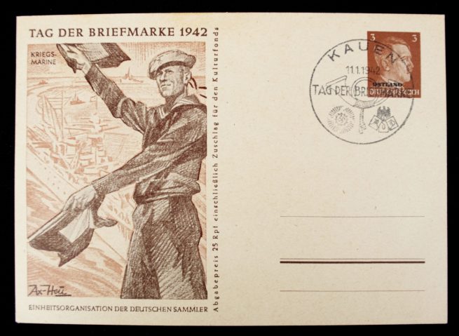 Postcard: Tag der Briefmarke 1942 complete series with special Ostland and Ukraine stamps
