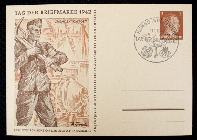 Postcard: Tag der Briefmarke 1942 complete series with special Ostland and Ukraine stamps