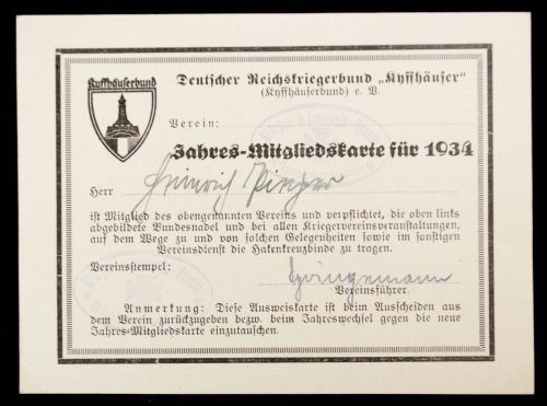 Deutscher Reichskriegrbund "Kyffhäuser" Jahres-Mitgliedskarte für 1934