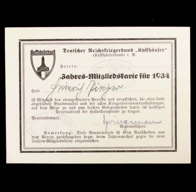 Deutscher Reichskriegrbund "Kyffhäuser" Jahres-Mitgliedskarte für 1934