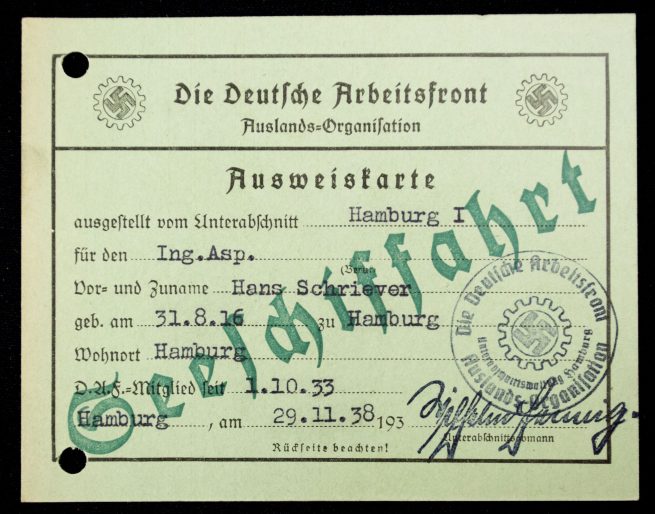 Die Deutsche Arbeitsfront (DAF) Auslands-Organisation Ausweiskarte Seeschiffahrt (1938)
