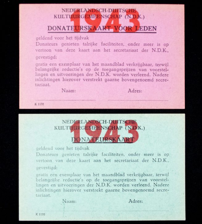 NSB / N.D.K Nederlandsch Duitse Kultuurgemeenschap Donateurskaarten
