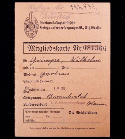 National Sozialistische Kriegsopfer Versorgung (NSKOV) Mitgliedskarte (1933)