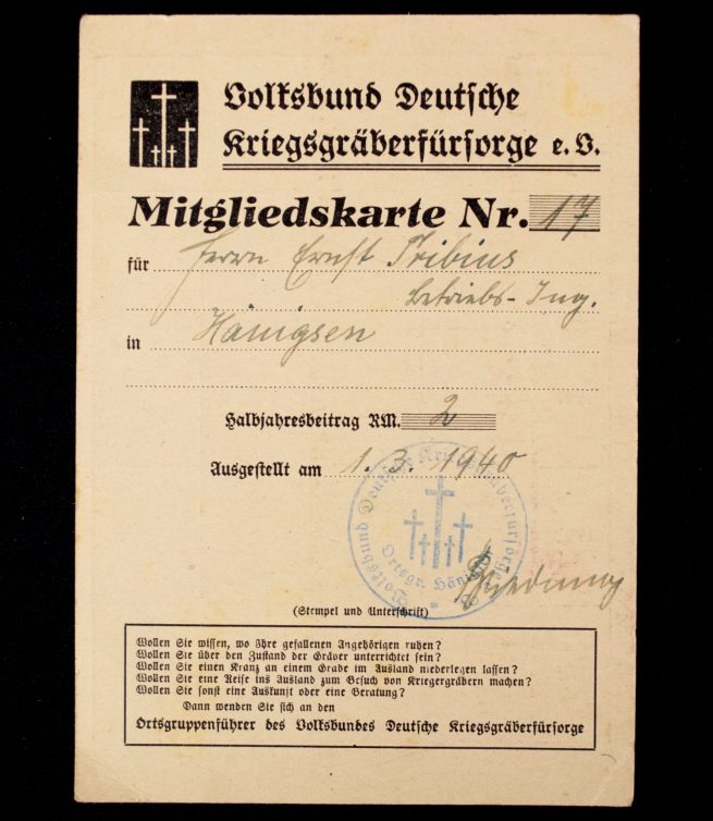 Volksbund Deutsche Kriegsgräberfürsorge E.V. Mitgliedskarte (1940)