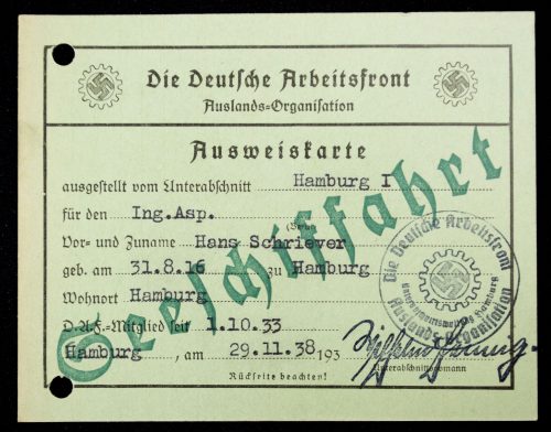 Die Deutsche Arbeitsfront (DAF) Auslands-Organisation Ausweiskarte Seeschiffahrt (1938)
