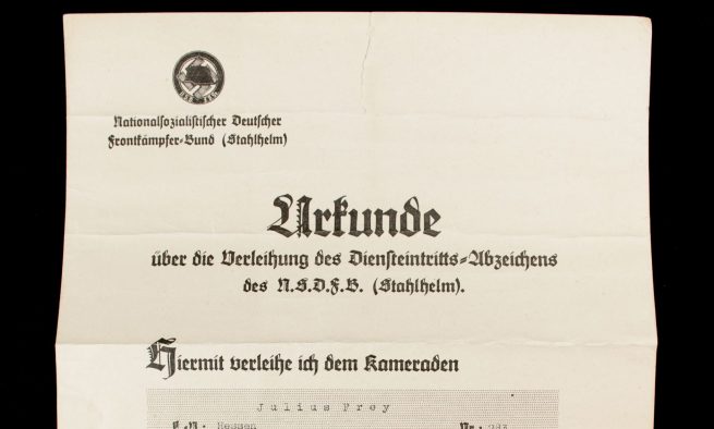 N.S. Frontkämpferbund (Stahlhelm) Urkunde über die Verleihung des Diensteintrittsabzeichens des N.S.F.B.S