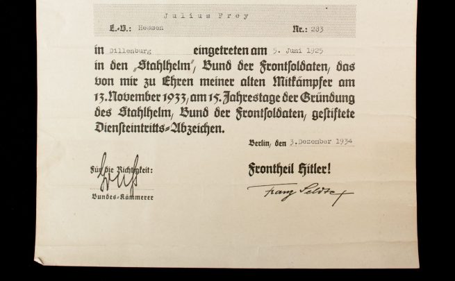 N.S. Frontkämpferbund (Stahlhelm) Urkunde über die Verleihung des Diensteintrittsabzeichens des N.S.F.B.S