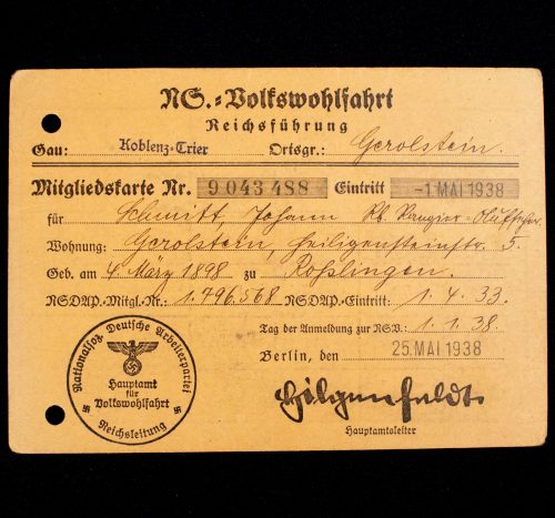 NS Volkswohlfahrt Mitgliedskarte (Gerolstein)1938