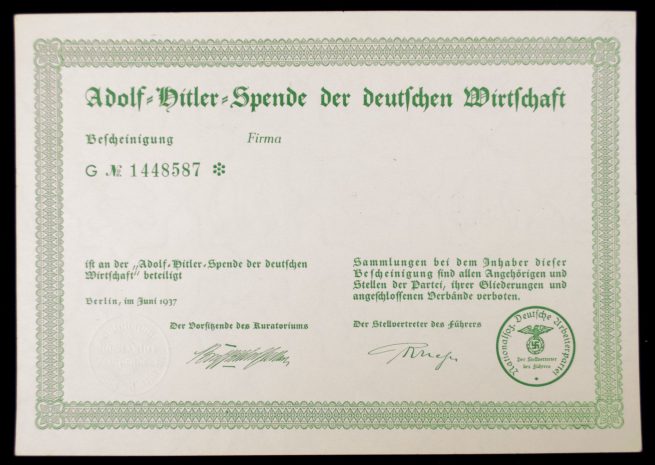 Adolf Hitler Spende Der Deutschen Wirtschaft 1937 citation