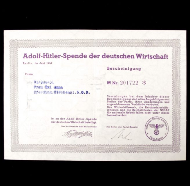 Adolf Hitler Spende Der Deutschen Wirtschaft 1942 citation