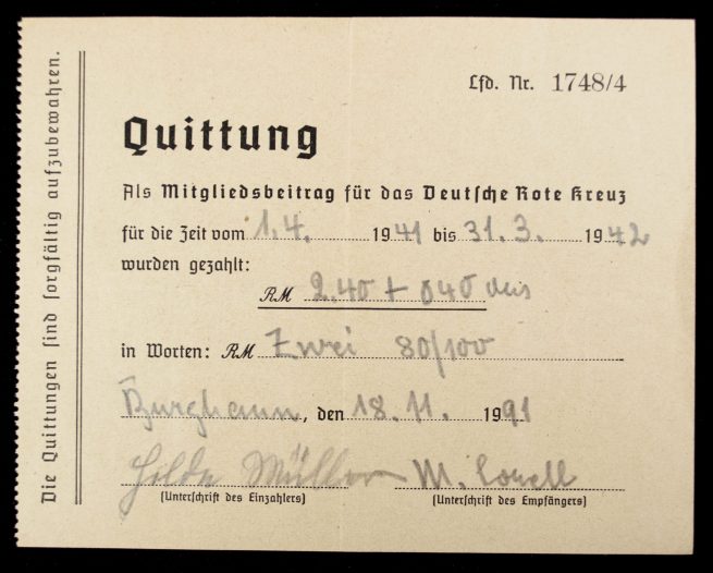 Deutsche Rote Kreuz (DRK) - 5 x Quittung 1940 - 1944