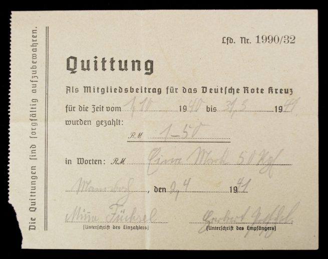 Deutsche Rote Kreuz (DRK) - 5 x Quittung 1940 - 1944