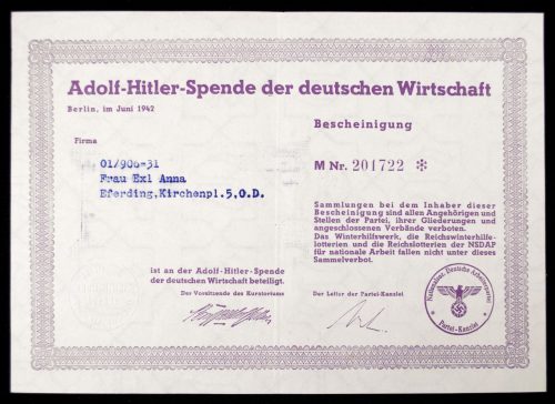 Adolf Hitler Spende Der Deutschen Wirtschaft 1942 citation
