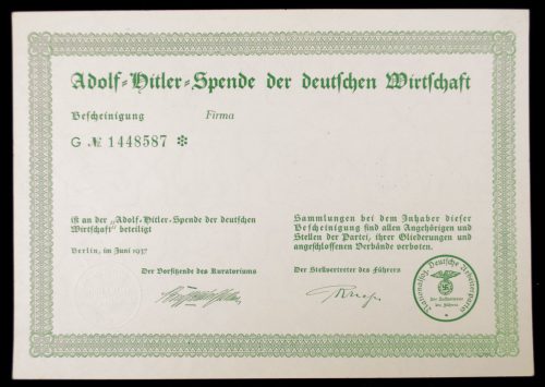Adolf Hitler Spende Der Deutschen Wirtschaft 1937 citation