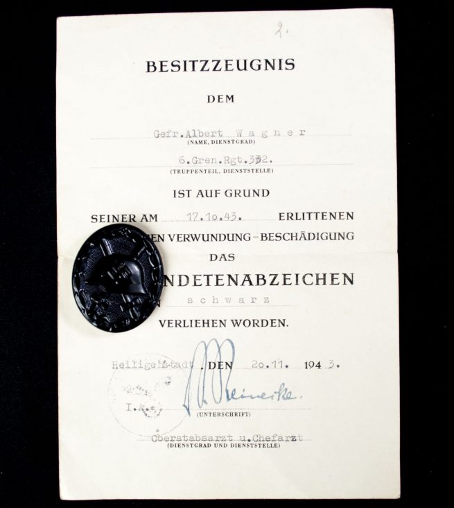 Verwundeten abzeichen Schwarz + Urkunde Black Woundbadge + Citation