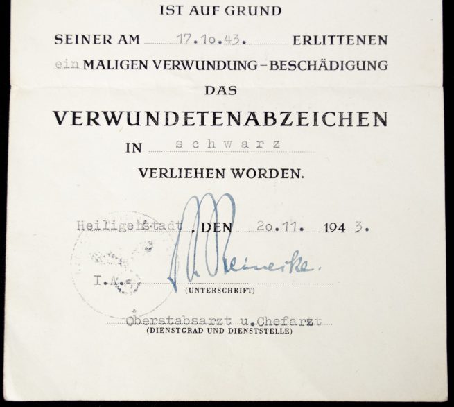 Verwundeten abzeichen Schwarz + Urkunde Black Woundbadge + Citation