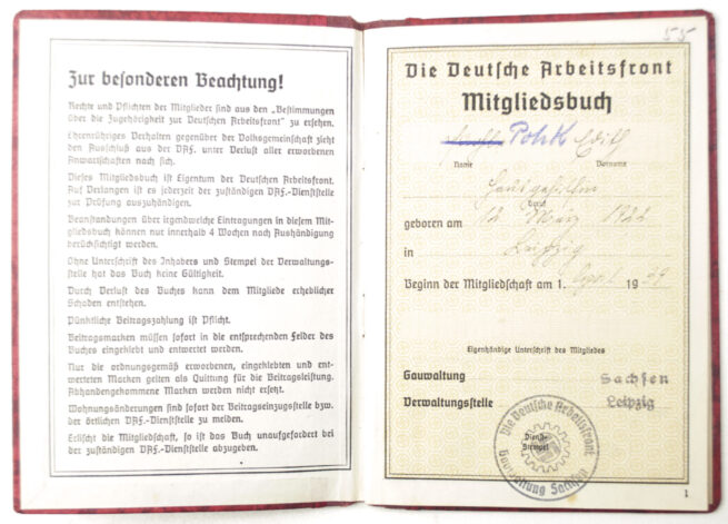 Deutsche Arbeitsfront (DAF) Mitgliedsbuch (variation)