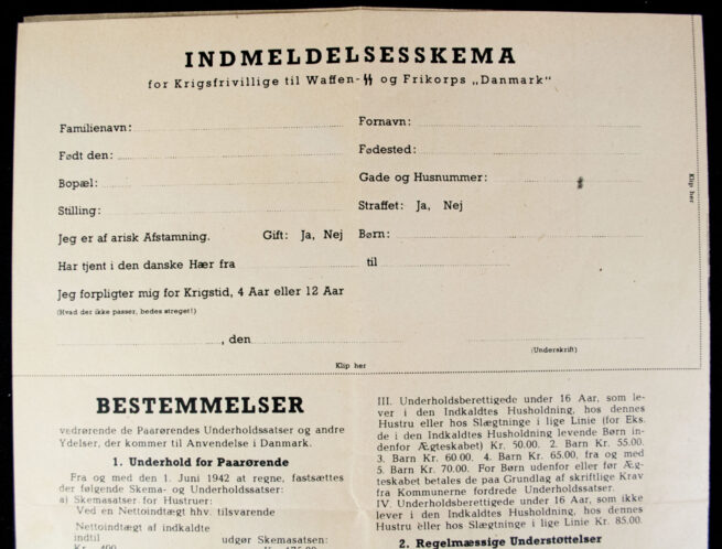 (Denmark) Waffen-SS og Frikorps Danmark Indmeldelsesskema for Krigsfrivillige