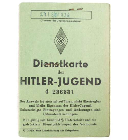 Hitlerjugend (HJ) Dienstkarte (female) with passphoto