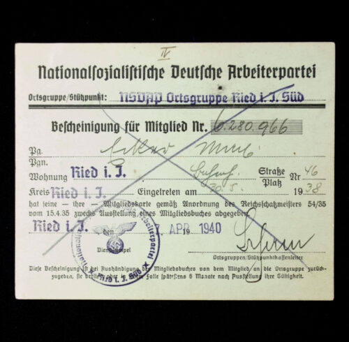 NSDAP Mitgliedskarte 1938 NSDAP membercard from Ried. i.J. (1938)