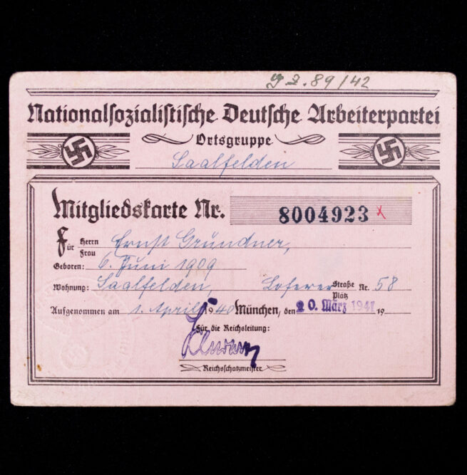 NSDAP Mitgliedskarte 1938 NSDAP membercard from Saalfelden (1940)