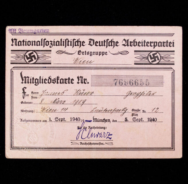 NSDAP Mitgliedskarte 1938 NSDAP membercard from Wien (1940)