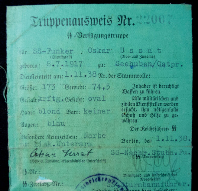 SS-Verfügungstruppe - SS-Funker Truppenausweis SS-Nachr-Stuba-Fu