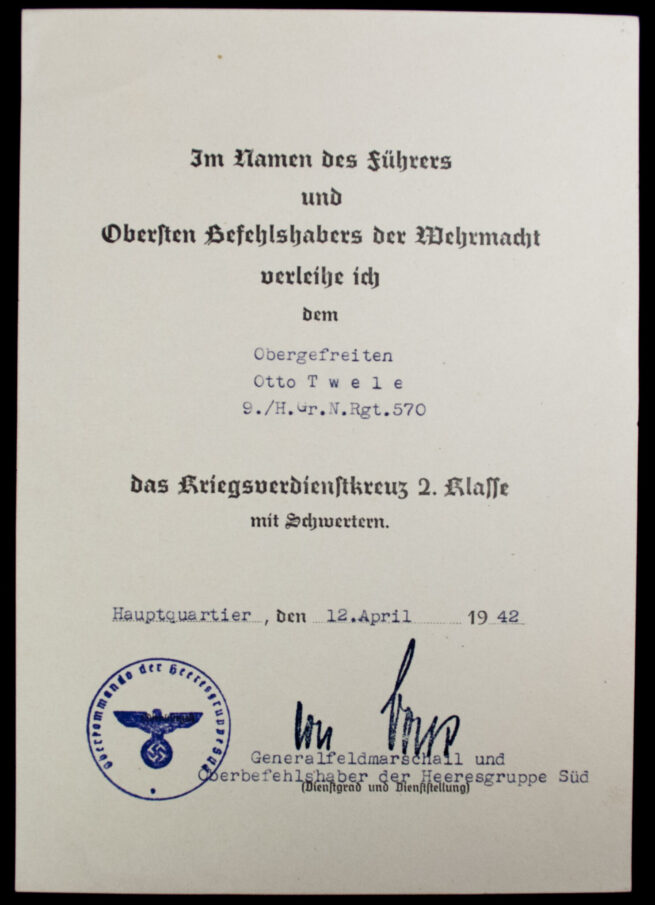 Two citations (Kreigsverdienstkreuz + Ostmedaille) from 9. A.N.R. 570