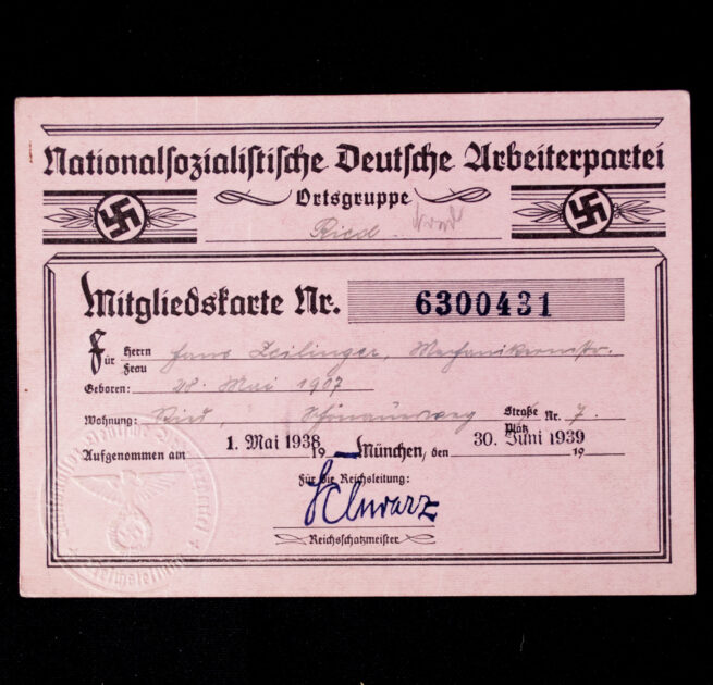 NSDAP Mitgliedskarte 1938 NSDAP membercard from Ried
