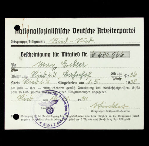 NSDAP Mitgliedskarte 1938 NSDAP membercard from Ried Süd (1938)