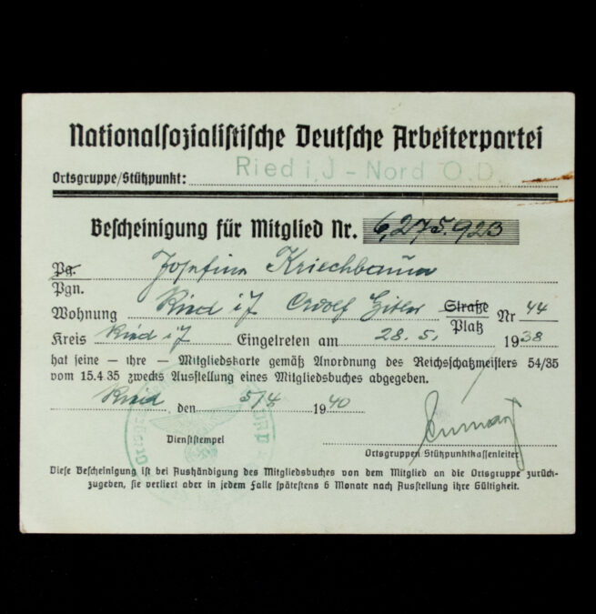 NSDAP Mitgliedskarte 1938 NSDAP membercard from Ried i.J. Nord O.D. (1938)