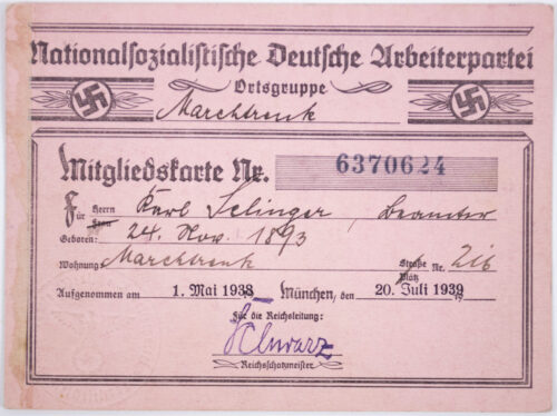 NSDAP Mitgliedskarte 1938 NSDAP membercard from Marchtrenk (Austria!) (1938)