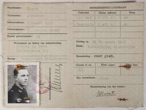 Nederlandsche Arbeidsdienst (NAD) Ontslagbewijs 1943 - with passphoto (from Bergen op Zoom)