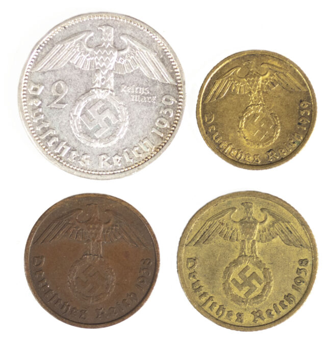 Four period German WWII coins (2 Reichsmark + 2, 5, 10 Reichspfennig)