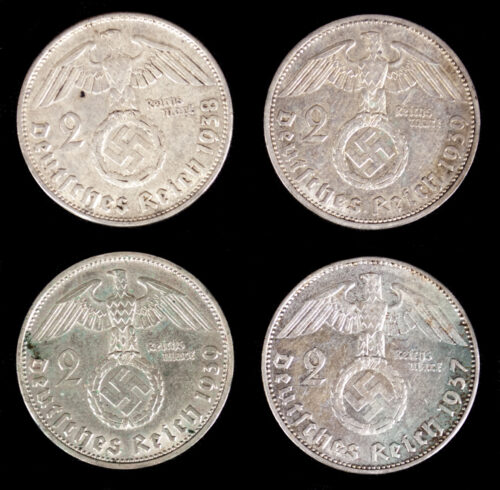 Four silver 2 Reichsmark coins (1937, 1938, 1939, 1939)